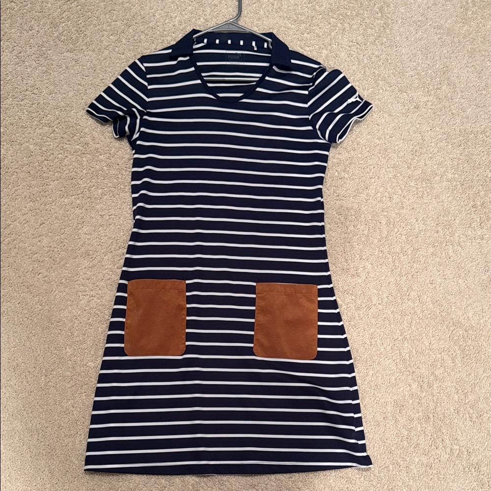 Navy Striped Dress with Brown Pockets